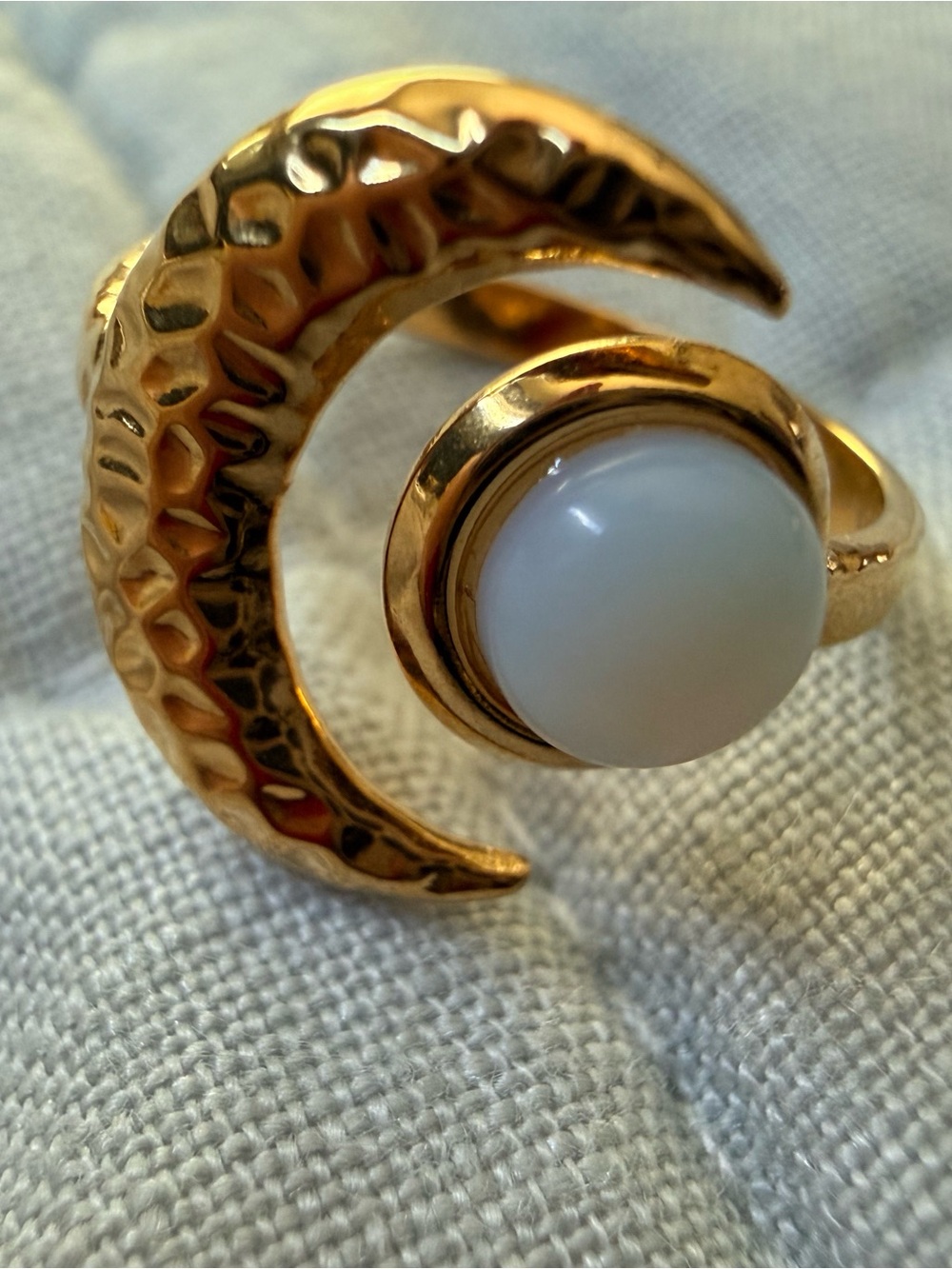 Gold Crescent Moon Ring with White Cabochon